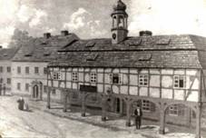 pohled jak vypadaly domy na náměstí i s podloubími, do velkého požáru v roce 1838